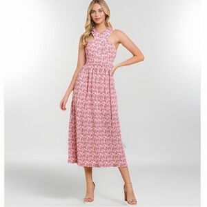 TCEC Pink Floral Crinkle Crossover Midi Dress Size S or L Romantic Cottagecore